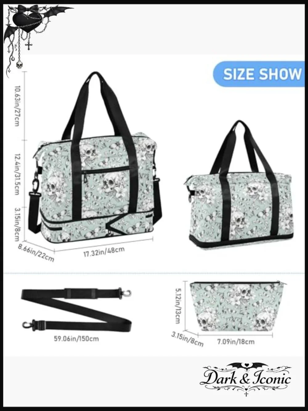 Gothic Skull Vintage Travel Duffel Tote Bag with Wet Pocket